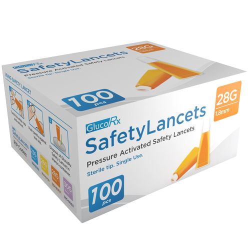 GlucoRx Safety Lancets 28G 1.8mm Pack of 100