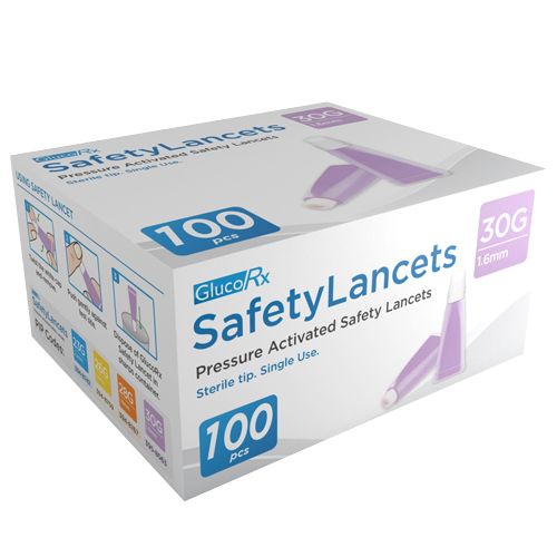 GlucoRx Safety Lancets 30G 1.6mm Pack of 100